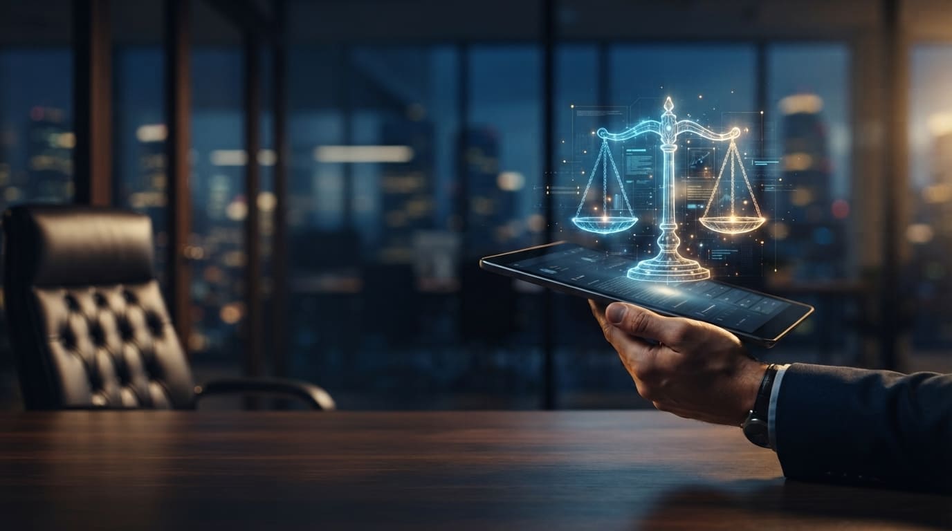 Elde tutulan tablet üzerinde beliren ışıklı adalet terazisi hologramı, arka planda gece ofis manzarası