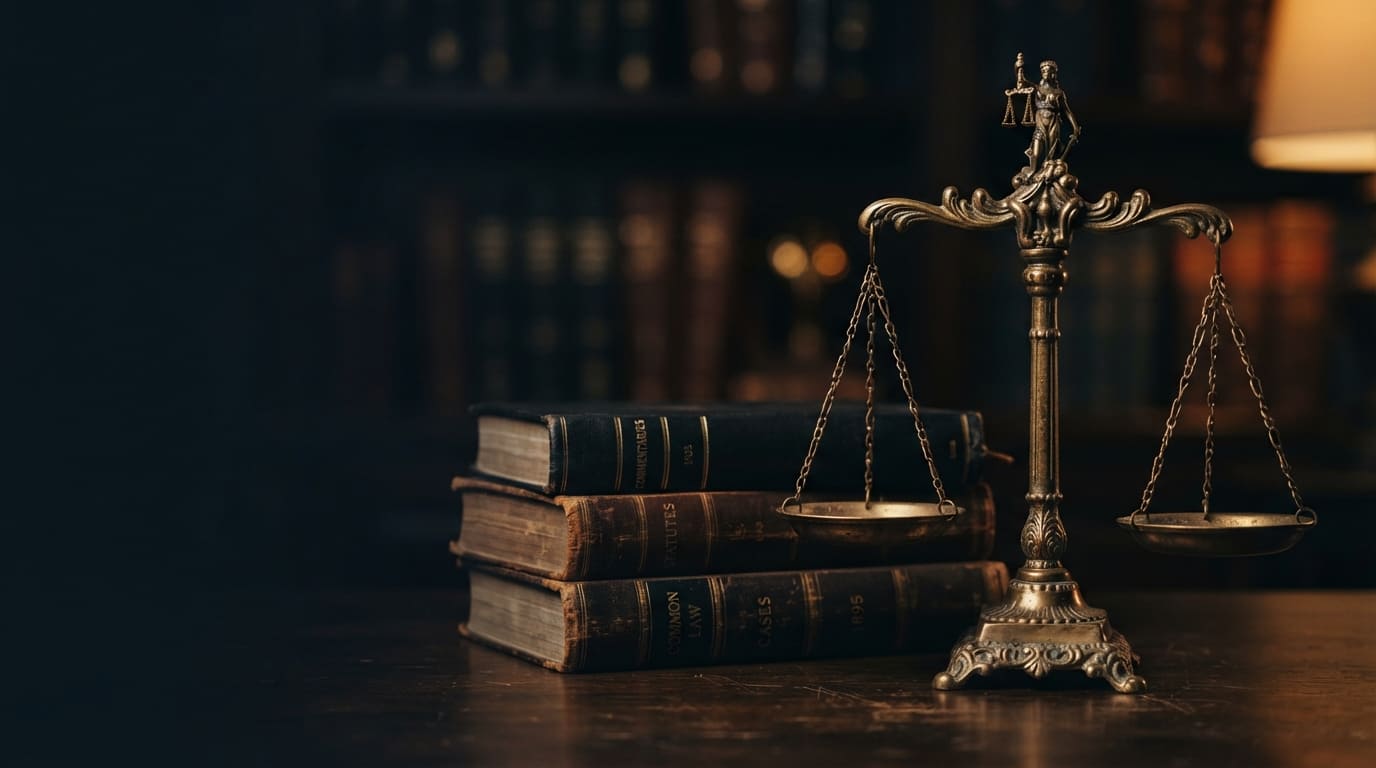 Ahşap masada üst üste dizili kitapların yanında duran pirinç adalet terazisi, arkada kitaplık