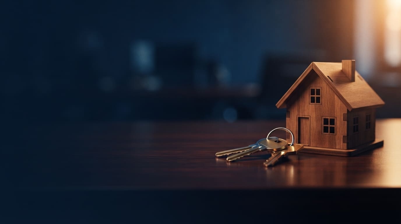 Koyu ahşap masa üzerinde duran anahtarlık, ucunda küçük ahşap ev maketi ve iki anahtar