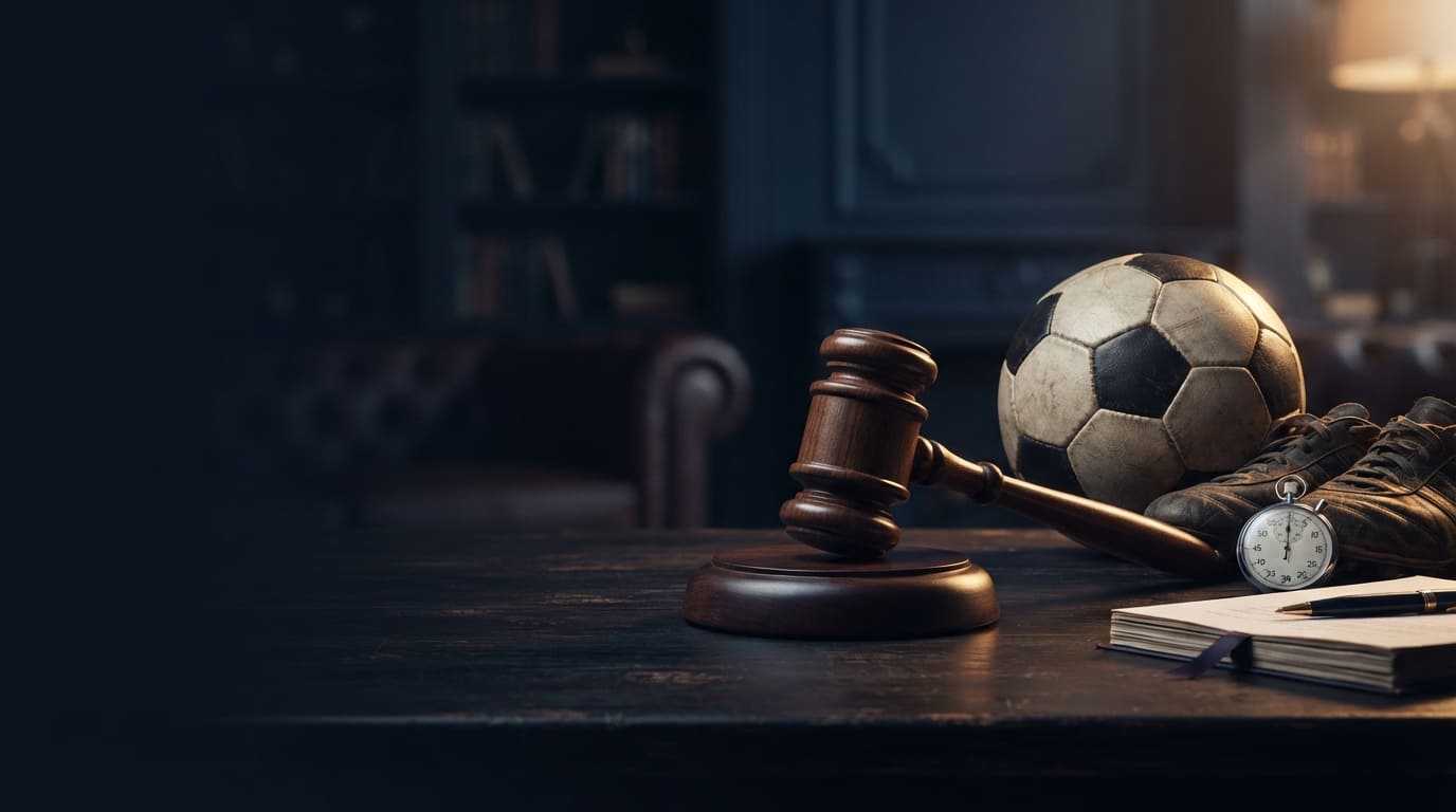 Ahşap masada duran hakim tokmağının arkasında futbol topu, yanında kitap ve loş bir oda
