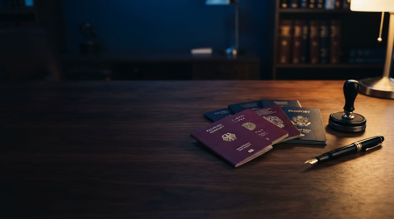 Ahşap masada yan yana duran üç bordo pasaport, yanında mühür ve dolma kalem